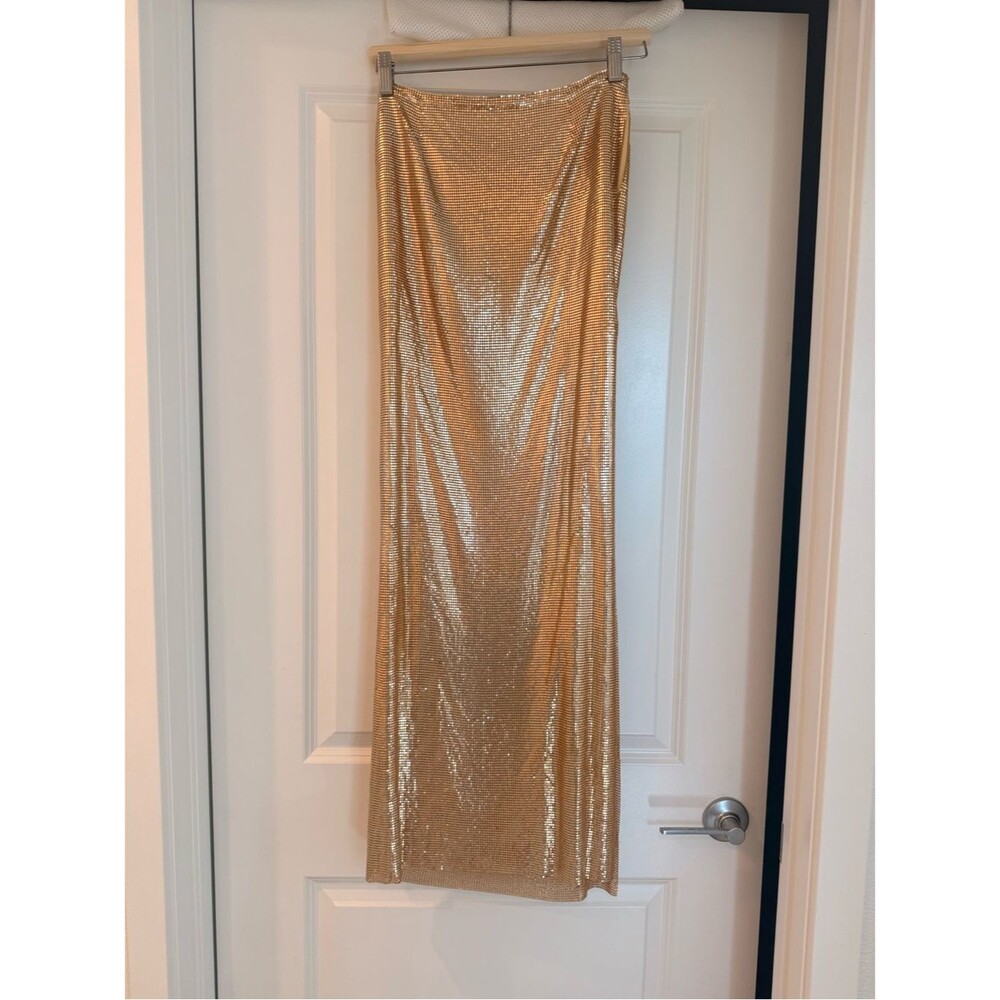 🆕 LOVERS and FRIENDS Sasha Gold Metallic Maxi high slit Skirt, party luxury, XS - Picture 4 of 13